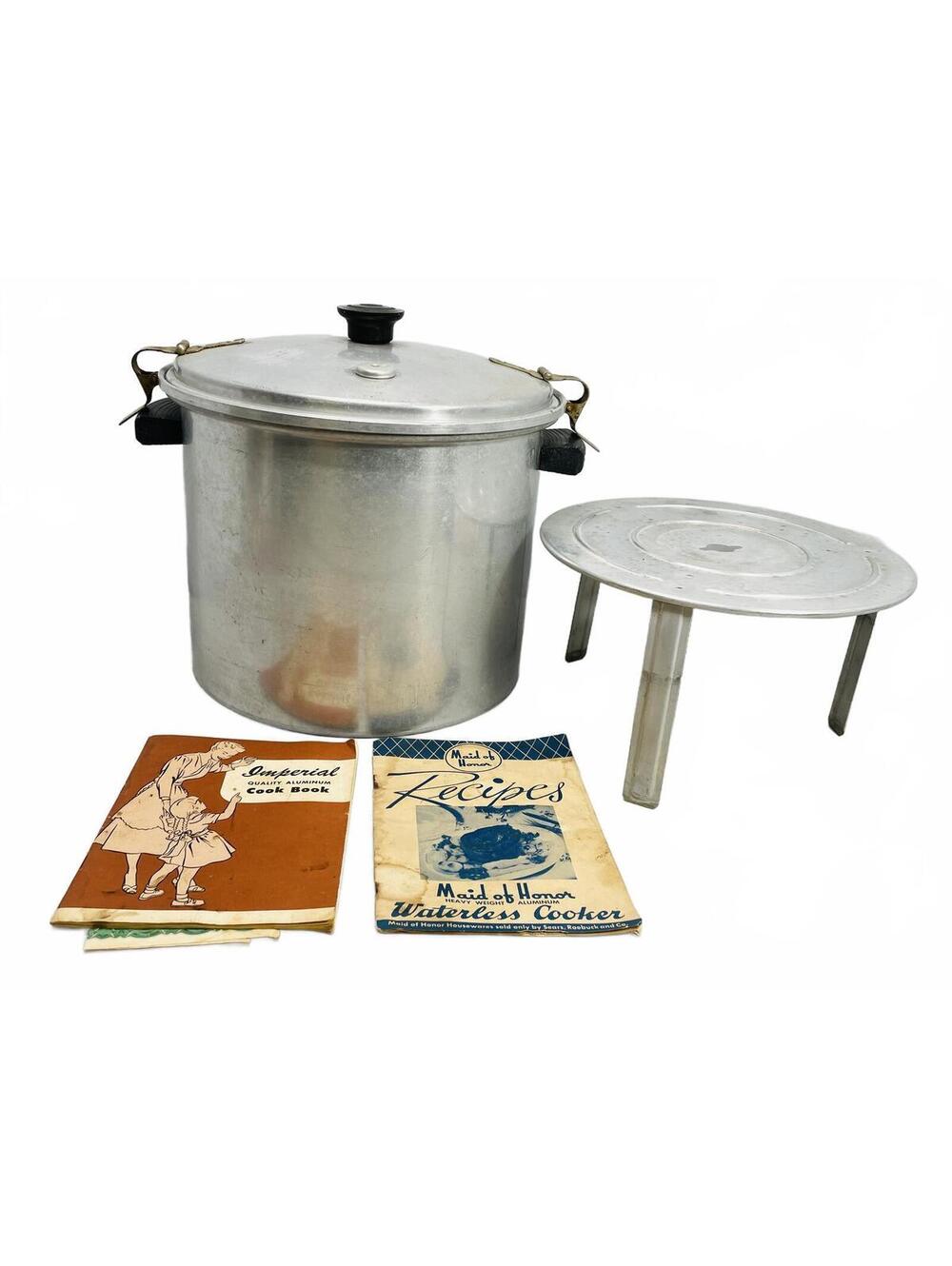 Vintage Maid of Honor Waterless Cooker with Stand and Two Vintage Cookbooks